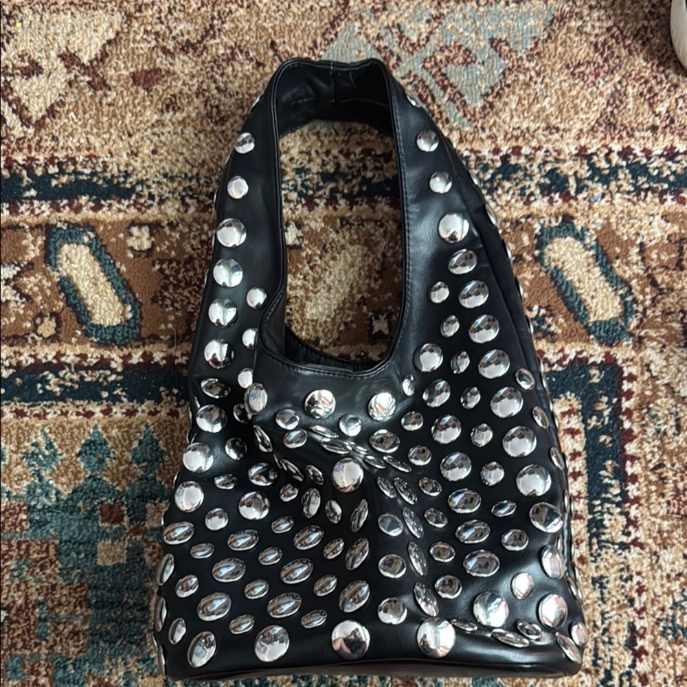 Studded Black Leather Tote Bag